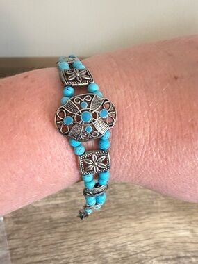 Antiqued Silver Tone and Faux Turquoise Double Strand Bracelet Southwest Boho